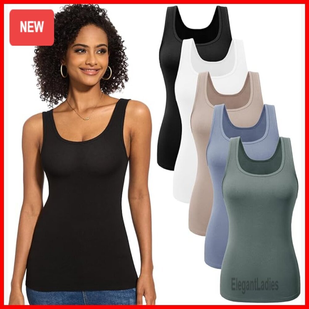 5 Pack Ribbed Tank Tops Slim Fit Rayon Spandex Layering Essential
